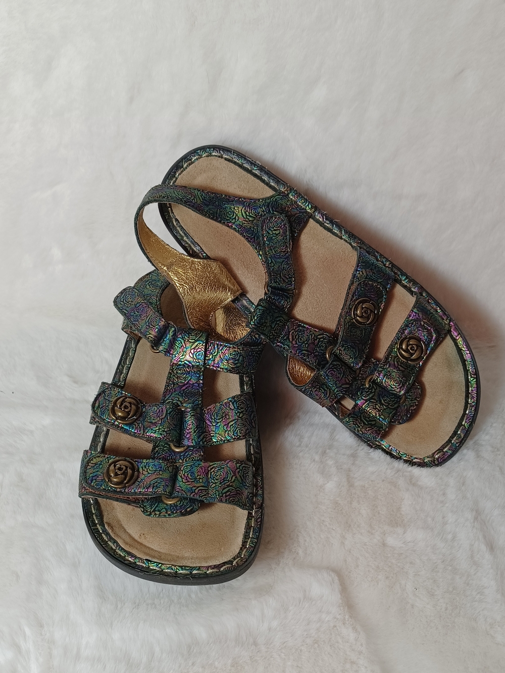 Alegria Womens Iridescent Multi-Color Floral Strap Sandals